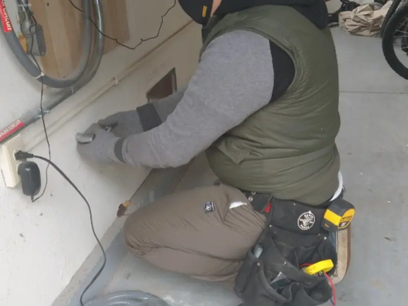 Electrician performing outlet wiring in a Salisbury garage